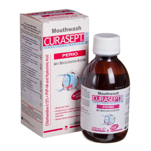 Curasept ADS Perio burnos skalavimo skystis su 0,12% chlorheksidino, papildytas PVP-VA polimerais ir hialiurono rūgštimi