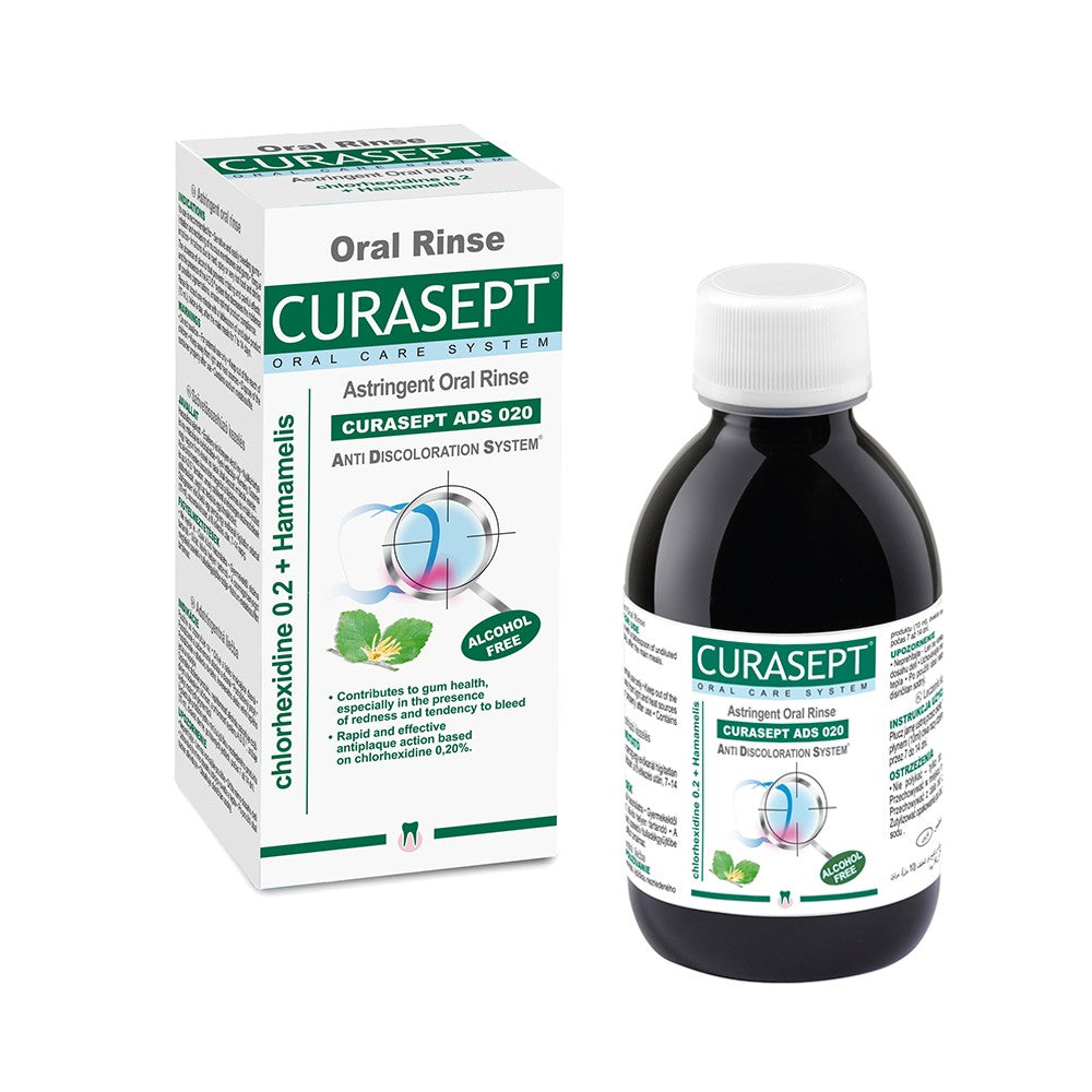 Curasept ADS Astringent burnos skalavimo skystis su 0,20% chlorheksidino, papildytas hamameliu