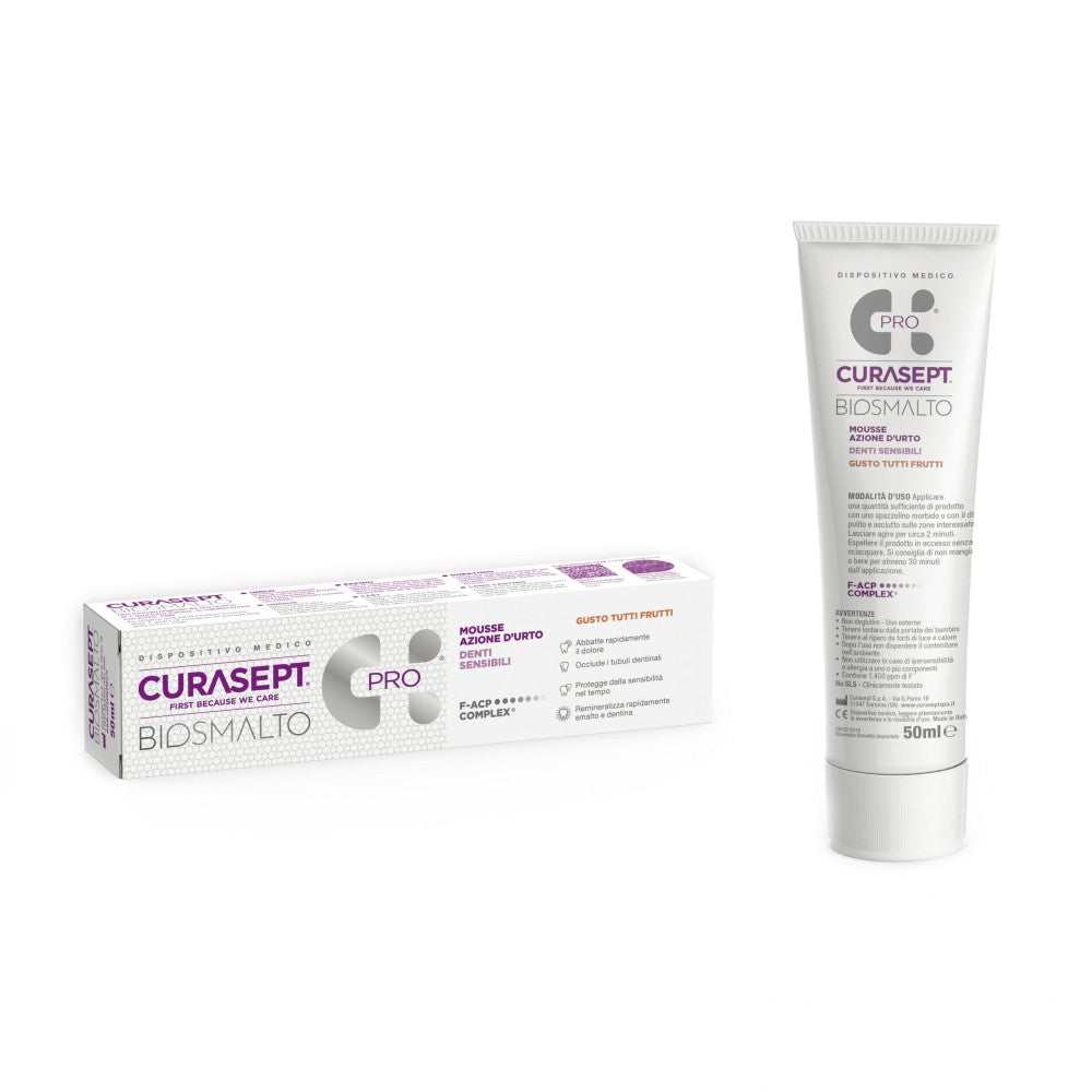Curasept Biosmalto PRO „Impact Mousse, Sensitive Teeth“
gelis, skirtas dantų remineralizacijai, bei dantų jautrumui
mažinti, įvairių vaisių skonio
