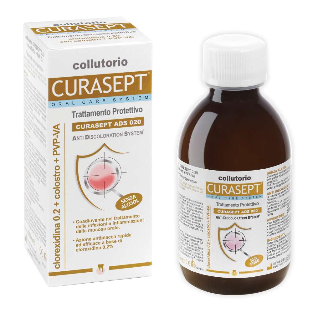 Curasept ADS Protettivo burnos skalavimo skystis su 0,20% chlorheksidino, papildytas PVP-VA polimerais ir kolostrumu