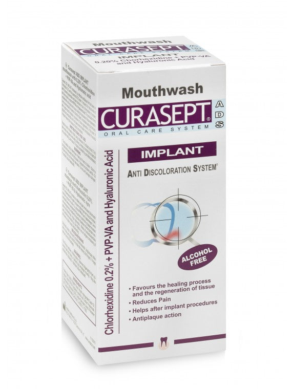 Curasept ADS Implant burnos skalavimo skystis su 0,20% chlorheksidino, papildytas PVP-VA polimerais ir hialiurono rūgštimi