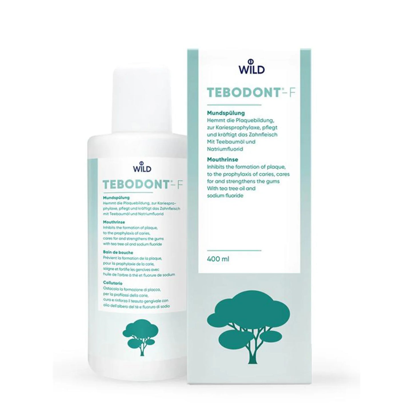 Tebodont-F skalavimo skystis su 1,5% arbatmedžio aliejaus ir 250 ppm natrio fluorido