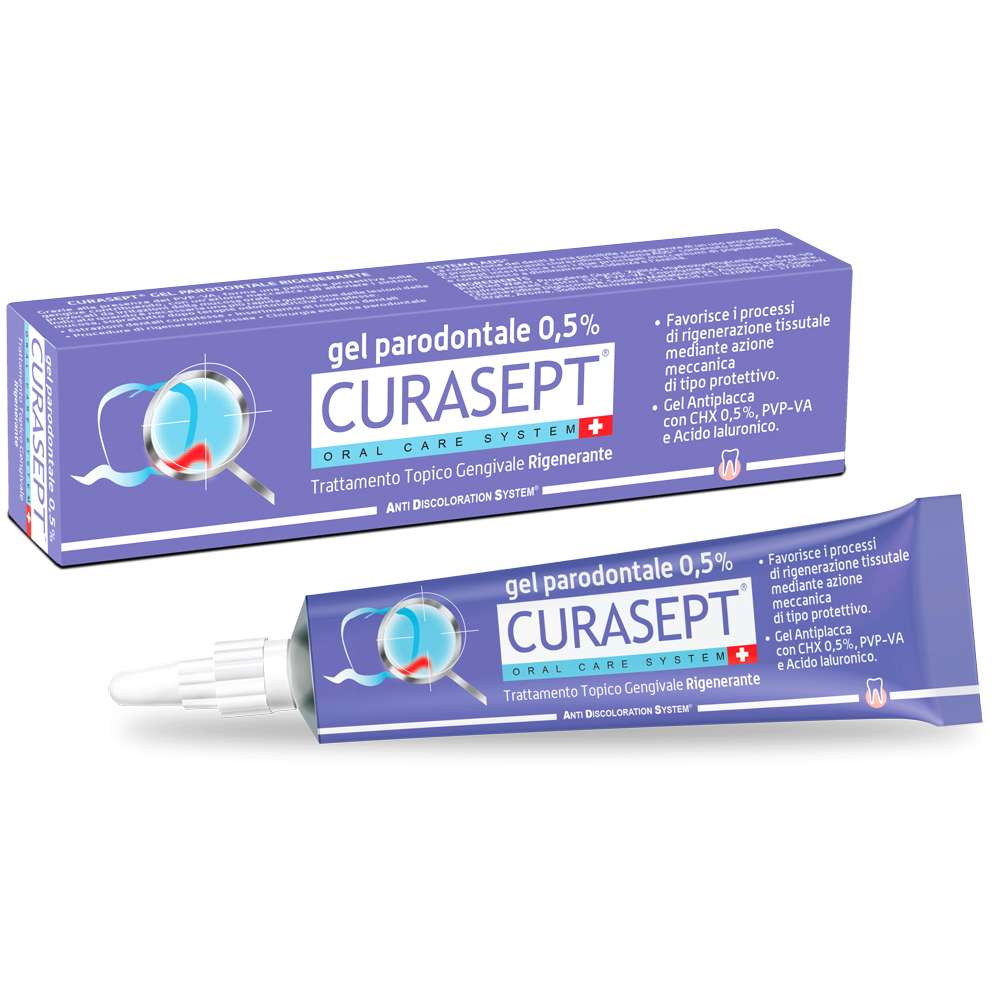 Curasept ADS dantenų gelis su 0,5% chlorheksidino  papildytas PVP-VA polimerais ir hialurono rūgštimi  greitesnei audinių regeneracijai